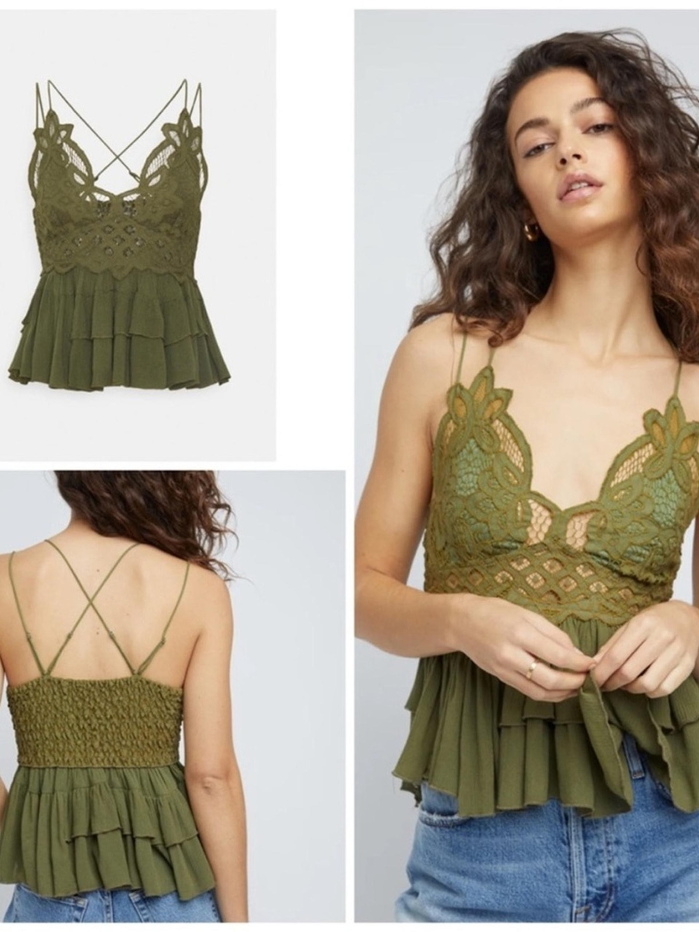 Free People Adella Olive Oliver Sparrow Green Lace-Trim Ruffled Cami Crisscross